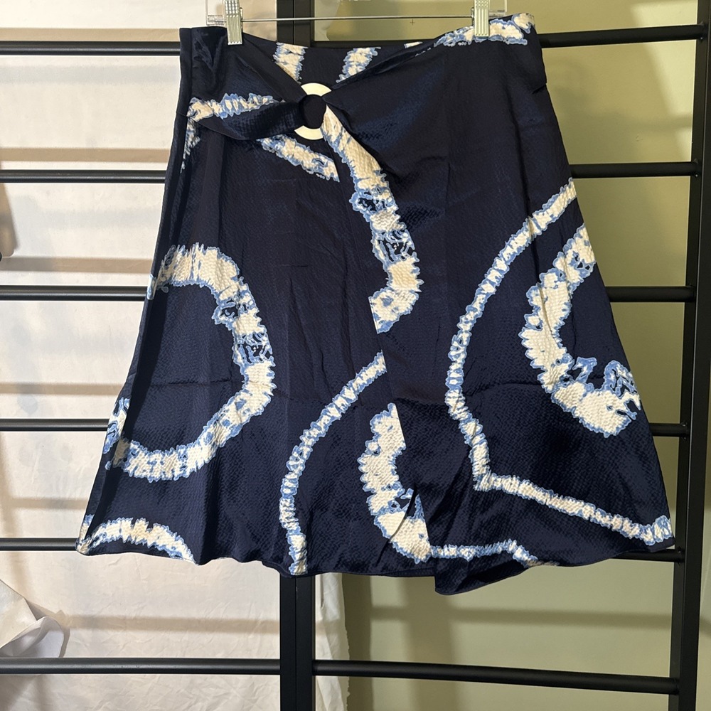 Vintage Silk Skirt Austin Reed Blue White Faux Wrap Boho Fairy 100% Silk Size 10